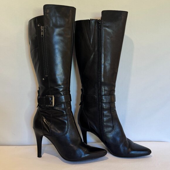 NINE WEST Reindeero Black Leather Strap Heel Zipper Women's Boot Size 8-1/2B - Picture 3 of 11